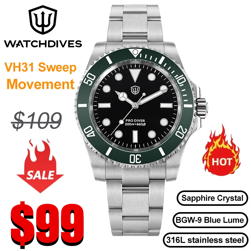 Rolex Watch Submariner - Watchdives WD1680Q V2 Green Dial Quartz
